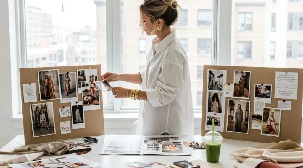 A colorful mood board displays outfit inspiration, including vintage style and Y2K fashion clippings