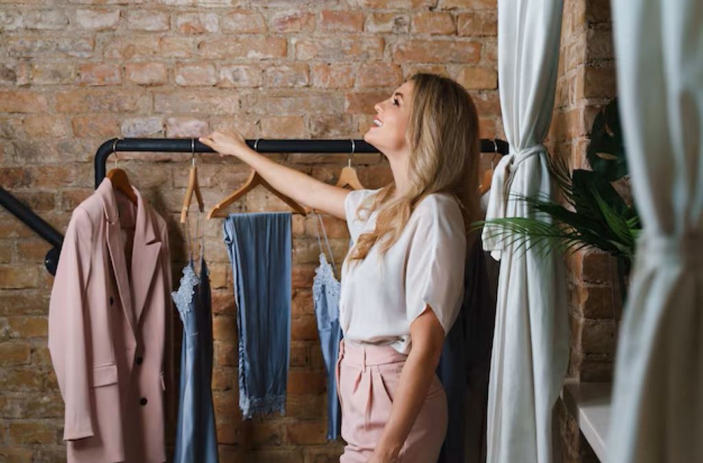 Woman sorting clothes on a clothing rack
