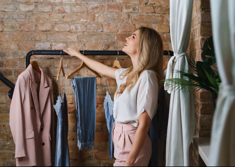 Woman sorting clothes on a clothing rack