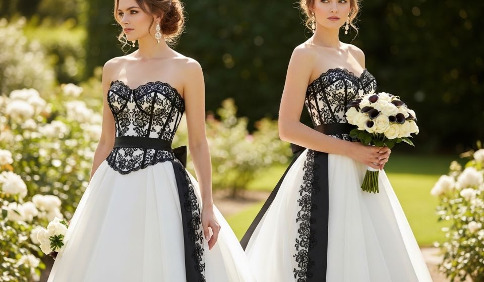 Bride wearing a black and white wedding dress with structured bodice and flowing skirt