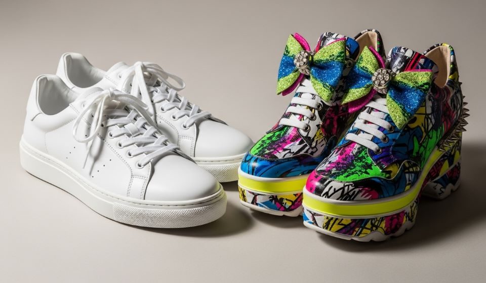 A pair of clean white sneakers placed next to bold colorful statement shoes on a neutral background