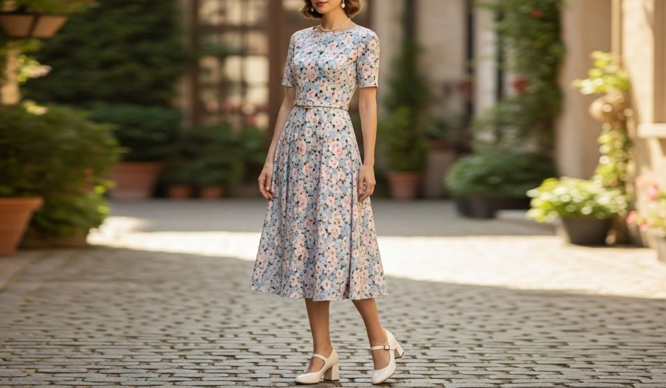 Woman wearing ivory Mary Jane heels with a floral midi dress for a vintage look
