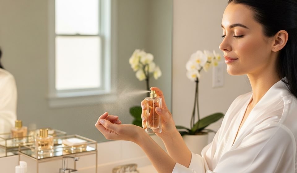 Woman applying perfume on wrist for long lasting scent