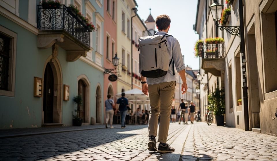 A traveler wearing a slim, lightweight travel backpack walks through a sunny European cobblestone street, representing minimalist travel gear and effortless one-bag travel