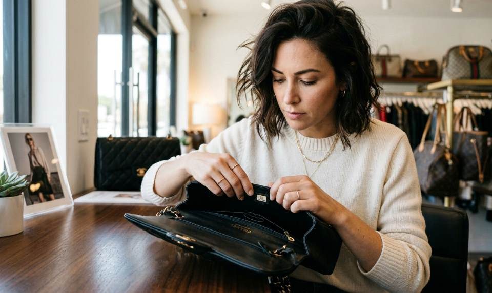 Luxury handbag interior tag inspection in Los Angeles
