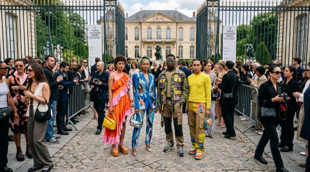 Street style attendees dressed in bold Spring/Summer 2027 looks gathered outside the Musée Rodin during Paris Fashion Week womenswear shows