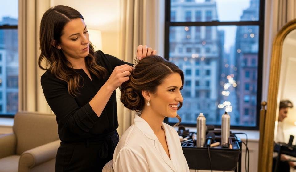 Wedding stylist creating voluminous bridal hairstyle in New York