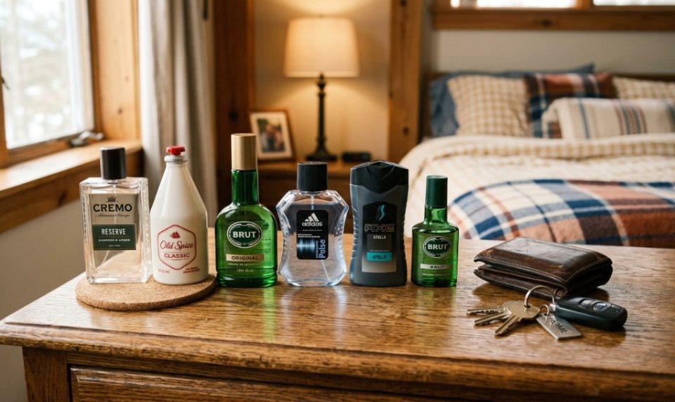 Three modern mens cologne bottles arranged on a textured concrete background.