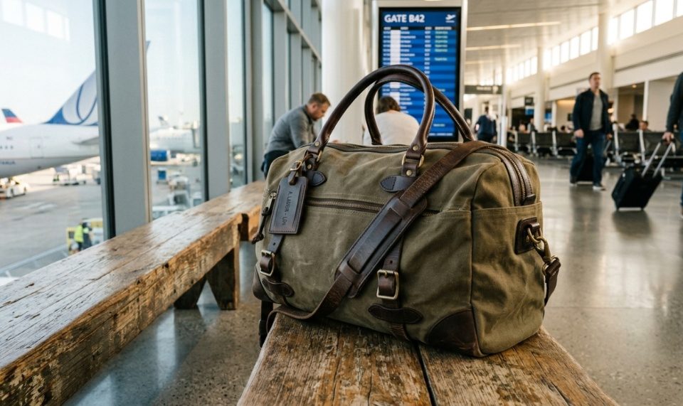 A durable canvas travel duffel bag rests on a bench inside an airport.