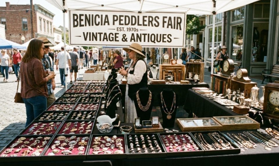 Vintage jewelry and antiques displayed at the Benicia Peddlers Fair booth