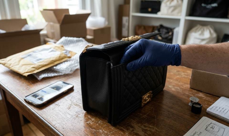 Luxury handbag authentication inspection before purchase
