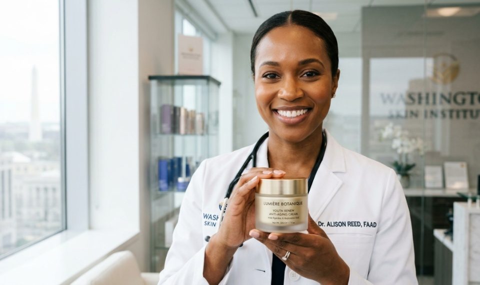 Dermatologist holding an anti-aging face cream jar in a Washington clinic.