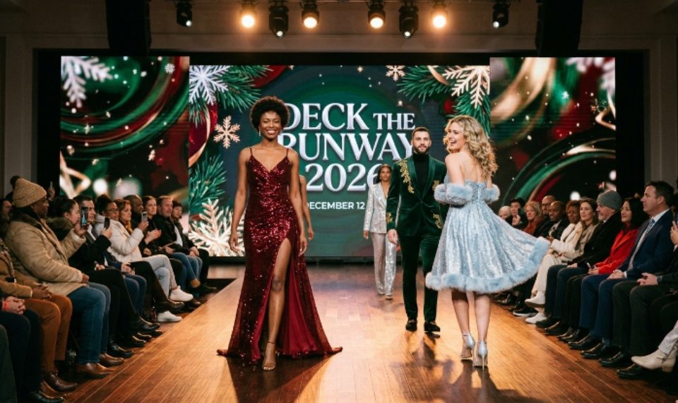 Festive runway models showcasing holiday fashion collections at Deck the Runway 2026 on December 12