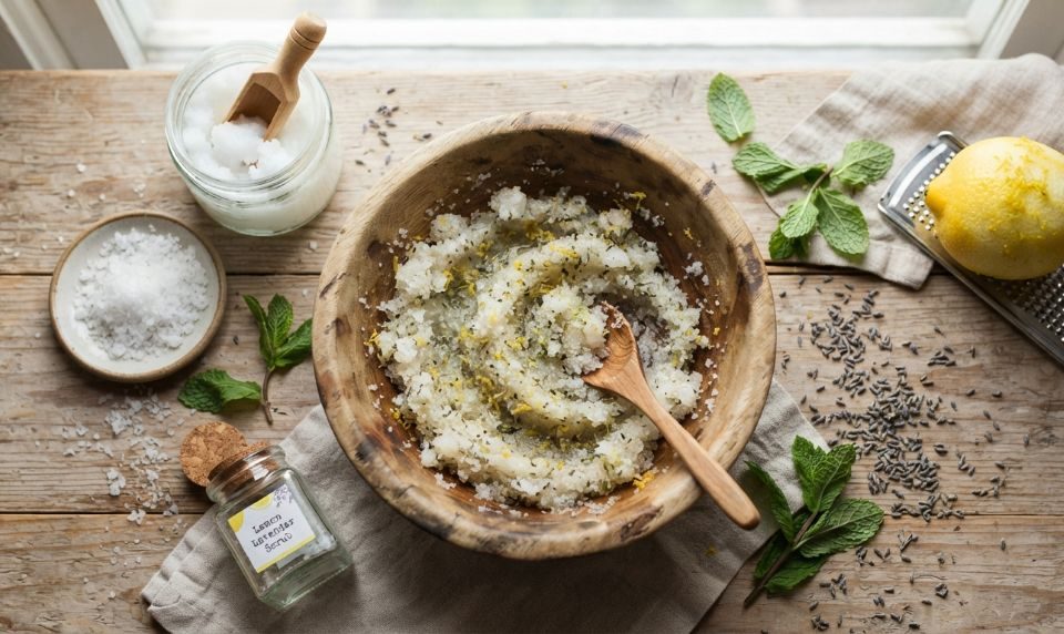 Homemade body scrub prepared with simple clean ingredients