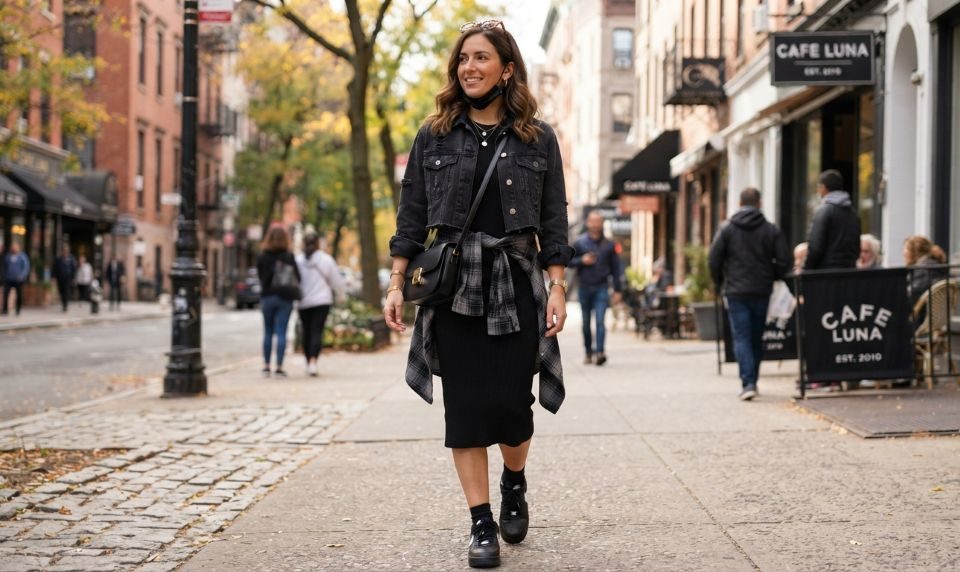 Woman styling black sneakers with a casual outfit