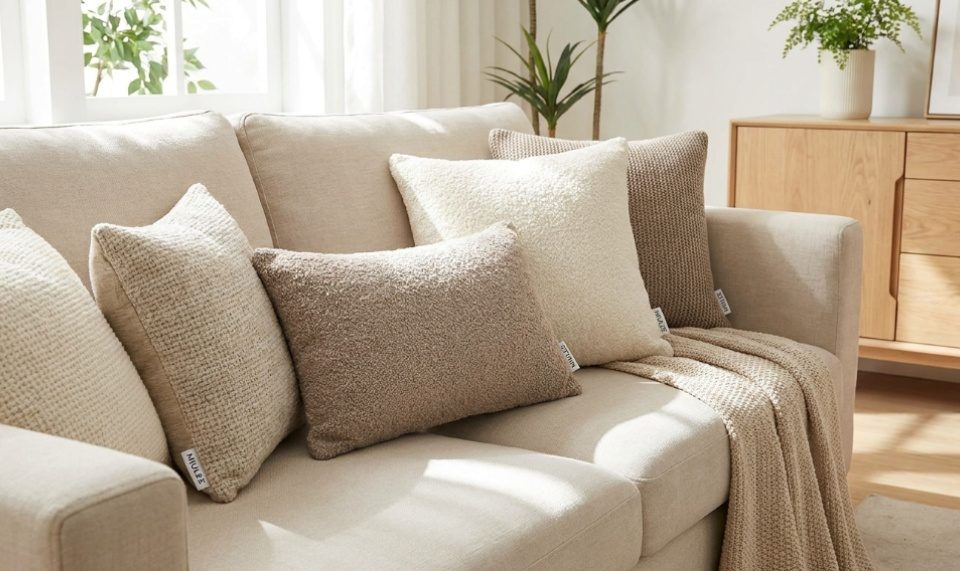 Textured MIULEE pillow covers arranged on a modern neutral sofa.